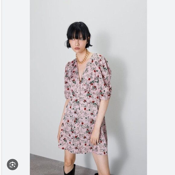 Zara Satin Effect Rose Floral Button Front Short Sleeve Dress Pink Size Medium - Picture 3 of 9